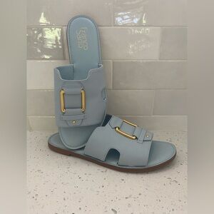 NWOT Franco Sarto Blue Slide Sandals with Gold Buckles